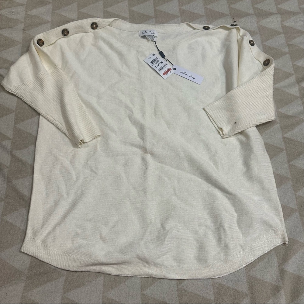 Melissa Paige ivory button shoulder crewneck sweater